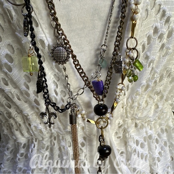 Green jade and Peridot and silver statement layered multi charms necklace - Picture 10 of 15